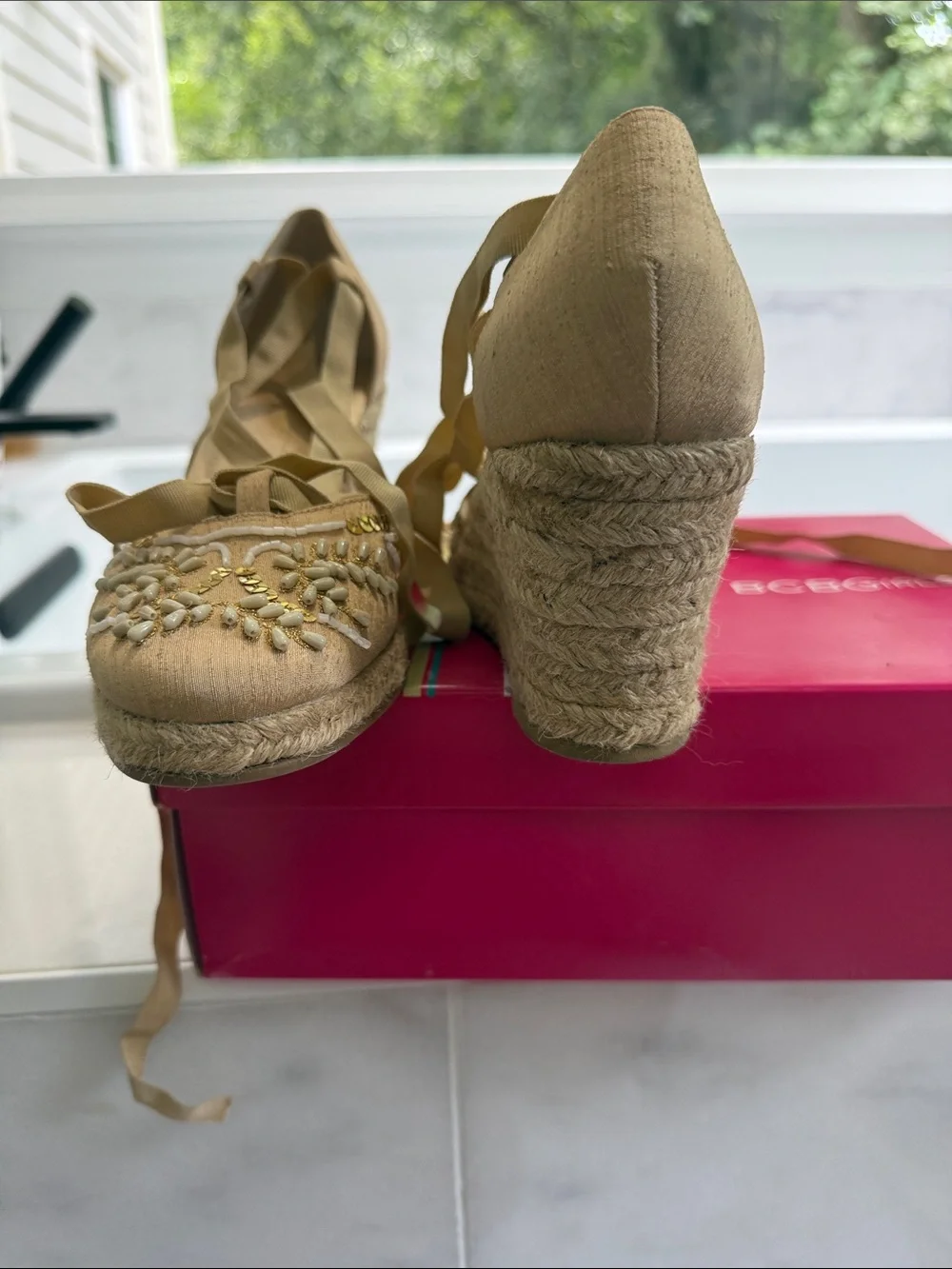BCBG Tan Embellished Lace-Up Espadrilles